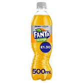 A 500g bottle labeled as Fanta - Orange Zero is priced at £1.30.